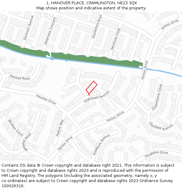 1, HANOVER PLACE, CRAMLINGTON, NE23 3QX: Location map and indicative extent of plot