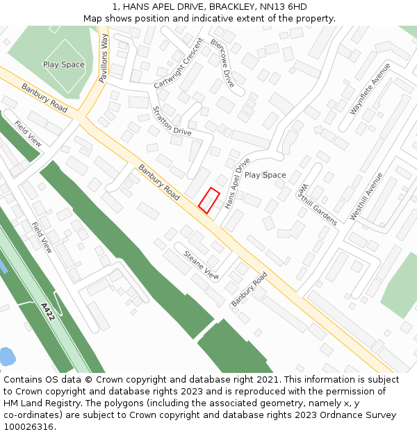 1, HANS APEL DRIVE, BRACKLEY, NN13 6HD: Location map and indicative extent of plot