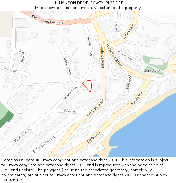 1, HANSON DRIVE, FOWEY, PL23 1ET: Location map and indicative extent of plot