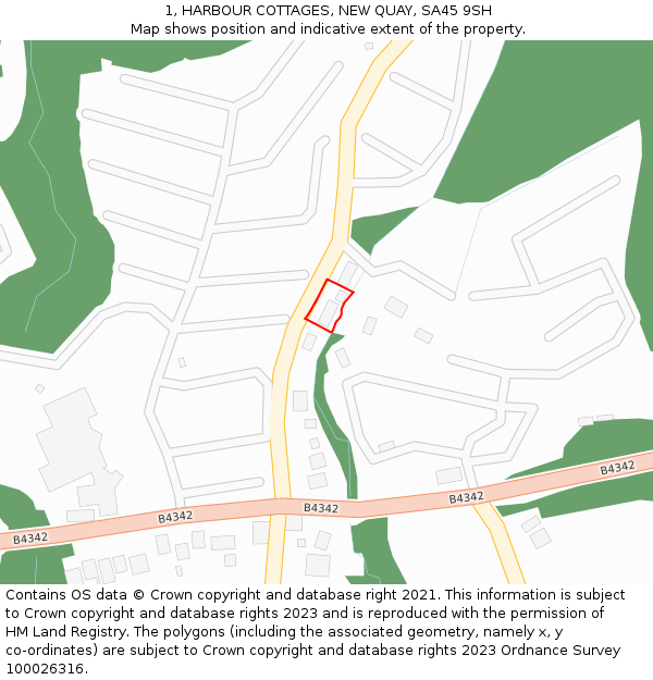 1, HARBOUR COTTAGES, NEW QUAY, SA45 9SH: Location map and indicative extent of plot