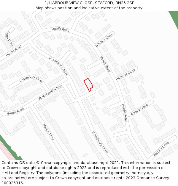 1, HARBOUR VIEW CLOSE, SEAFORD, BN25 2SE: Location map and indicative extent of plot