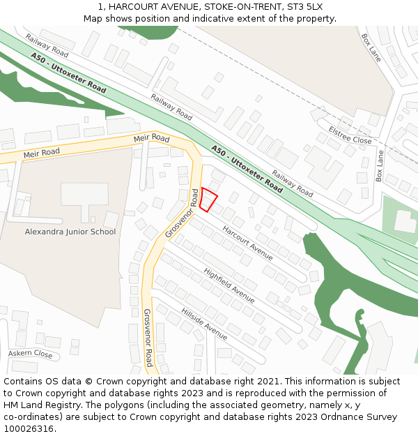 1, HARCOURT AVENUE, STOKE-ON-TRENT, ST3 5LX: Location map and indicative extent of plot