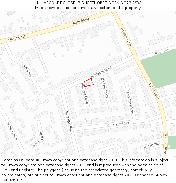 1, HARCOURT CLOSE, BISHOPTHORPE, YORK, YO23 2SW: Location map and indicative extent of plot