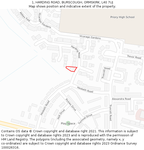 1, HARDING ROAD, BURSCOUGH, ORMSKIRK, L40 7UJ: Location map and indicative extent of plot