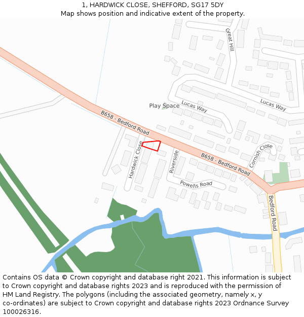 1, HARDWICK CLOSE, SHEFFORD, SG17 5DY: Location map and indicative extent of plot