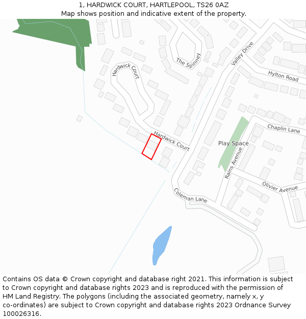 1, HARDWICK COURT, HARTLEPOOL, TS26 0AZ: Location map and indicative extent of plot