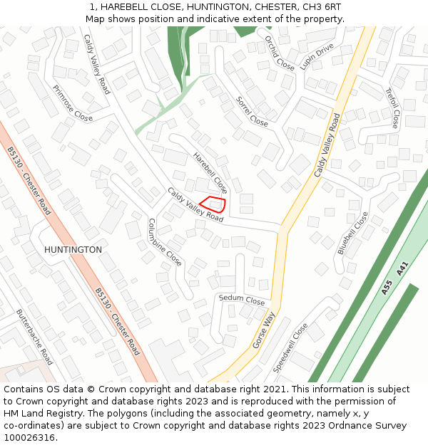 1, HAREBELL CLOSE, HUNTINGTON, CHESTER, CH3 6RT: Location map and indicative extent of plot