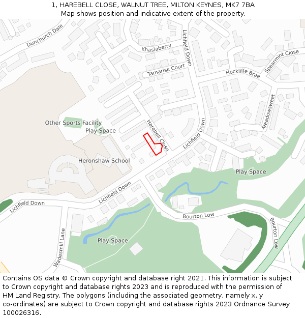 1, HAREBELL CLOSE, WALNUT TREE, MILTON KEYNES, MK7 7BA: Location map and indicative extent of plot