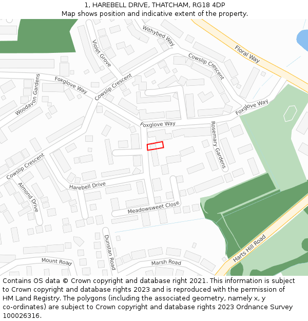 1, HAREBELL DRIVE, THATCHAM, RG18 4DP: Location map and indicative extent of plot