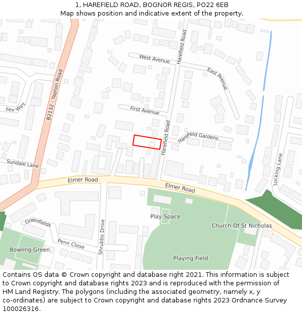 1, HAREFIELD ROAD, BOGNOR REGIS, PO22 6EB: Location map and indicative extent of plot