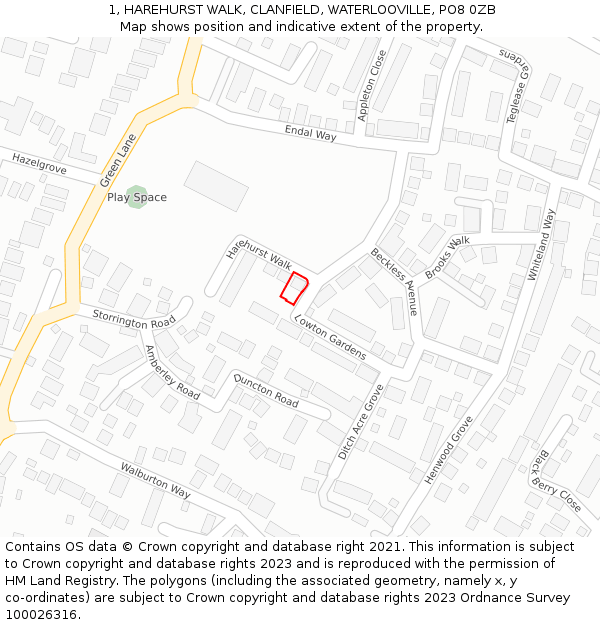 1, HAREHURST WALK, CLANFIELD, WATERLOOVILLE, PO8 0ZB: Location map and indicative extent of plot