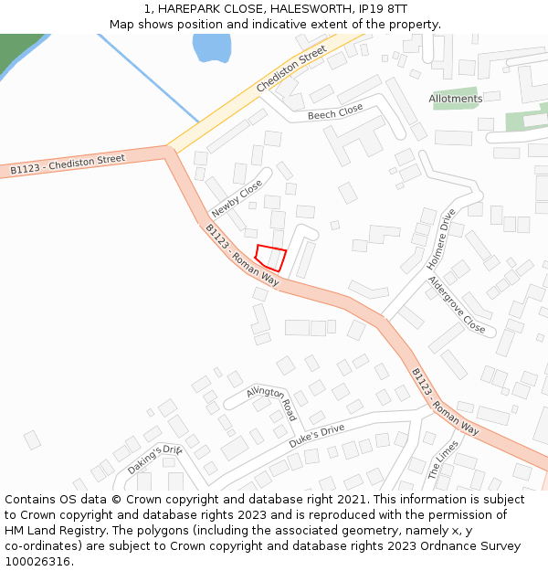 1, HAREPARK CLOSE, HALESWORTH, IP19 8TT: Location map and indicative extent of plot