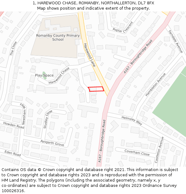 1, HAREWOOD CHASE, ROMANBY, NORTHALLERTON, DL7 8FX: Location map and indicative extent of plot