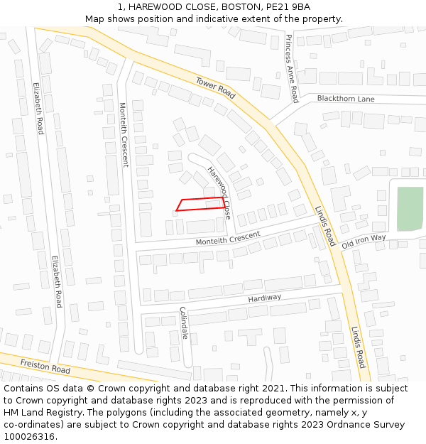 1, HAREWOOD CLOSE, BOSTON, PE21 9BA: Location map and indicative extent of plot