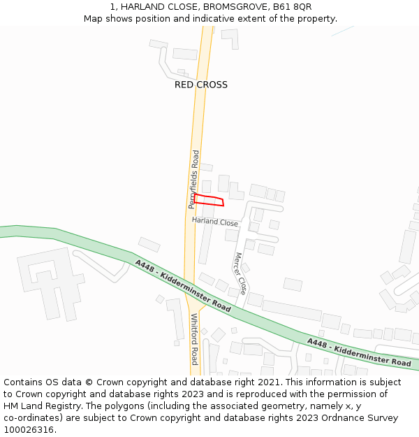 1, HARLAND CLOSE, BROMSGROVE, B61 8QR: Location map and indicative extent of plot