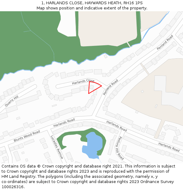 1, HARLANDS CLOSE, HAYWARDS HEATH, RH16 1PS: Location map and indicative extent of plot