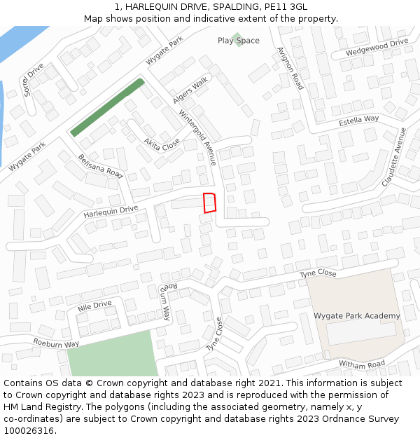 1, HARLEQUIN DRIVE, SPALDING, PE11 3GL: Location map and indicative extent of plot