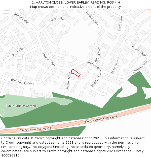 1, HARLTON CLOSE, LOWER EARLEY, READING, RG6 4JH: Location map and indicative extent of plot