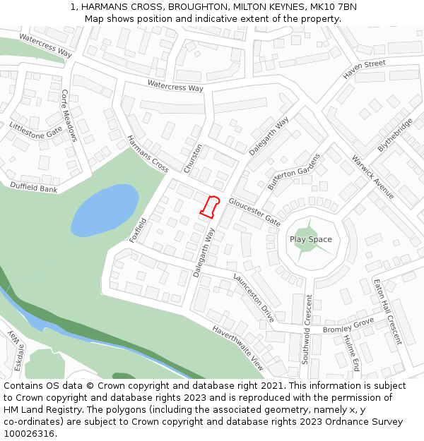 1, HARMANS CROSS, BROUGHTON, MILTON KEYNES, MK10 7BN: Location map and indicative extent of plot