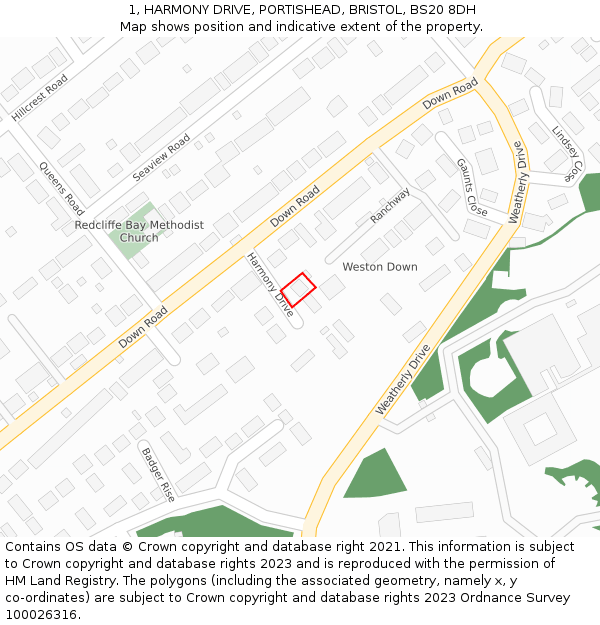 1, HARMONY DRIVE, PORTISHEAD, BRISTOL, BS20 8DH: Location map and indicative extent of plot