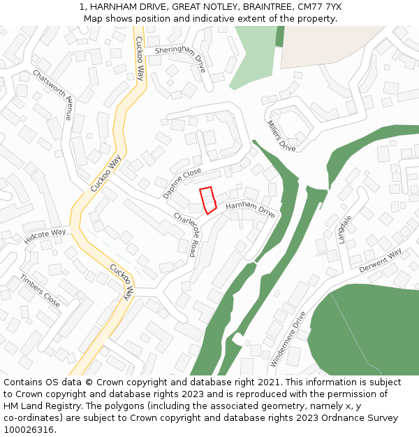 1, HARNHAM DRIVE, GREAT NOTLEY, BRAINTREE, CM77 7YX: Location map and indicative extent of plot