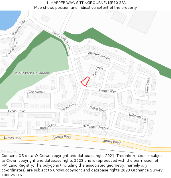 1, HARPER WAY, SITTINGBOURNE, ME10 3FA: Location map and indicative extent of plot