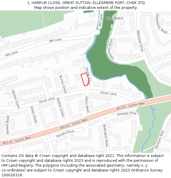 1, HARPUR CLOSE, GREAT SUTTON, ELLESMERE PORT, CH66 3TQ: Location map and indicative extent of plot