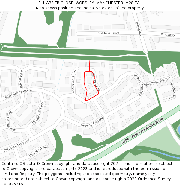 1, HARRIER CLOSE, WORSLEY, MANCHESTER, M28 7AH: Location map and indicative extent of plot