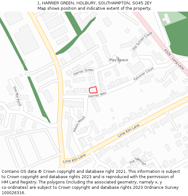 1, HARRIER GREEN, HOLBURY, SOUTHAMPTON, SO45 2EY: Location map and indicative extent of plot