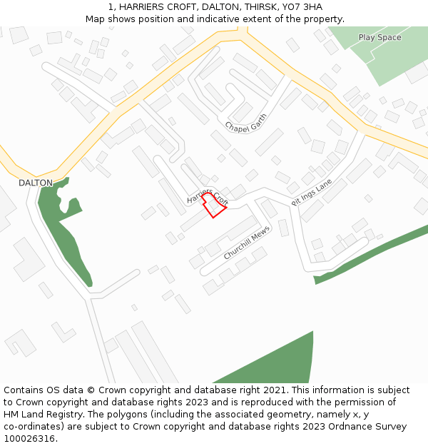 1, HARRIERS CROFT, DALTON, THIRSK, YO7 3HA: Location map and indicative extent of plot