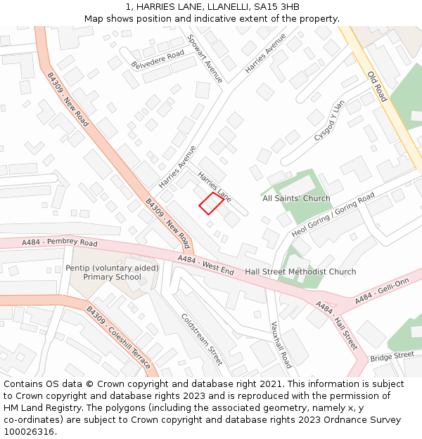 1, HARRIES LANE, LLANELLI, SA15 3HB: Location map and indicative extent of plot