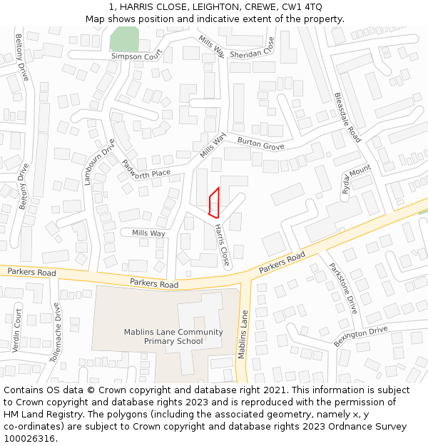 1, HARRIS CLOSE, LEIGHTON, CREWE, CW1 4TQ: Location map and indicative extent of plot