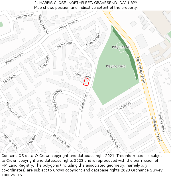 1, HARRIS CLOSE, NORTHFLEET, GRAVESEND, DA11 8PY: Location map and indicative extent of plot