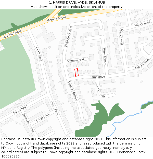 1, HARRIS DRIVE, HYDE, SK14 4UB: Location map and indicative extent of plot