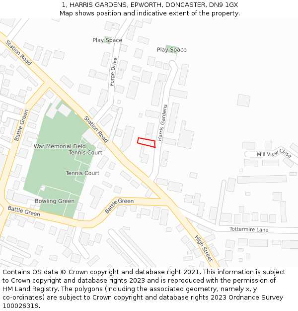 1, HARRIS GARDENS, EPWORTH, DONCASTER, DN9 1GX: Location map and indicative extent of plot