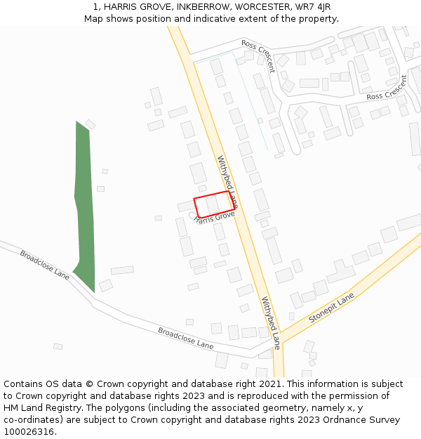 1, HARRIS GROVE, INKBERROW, WORCESTER, WR7 4JR: Location map and indicative extent of plot