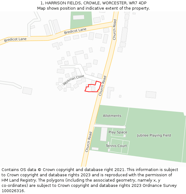 1, HARRISON FIELDS, CROWLE, WORCESTER, WR7 4DP: Location map and indicative extent of plot