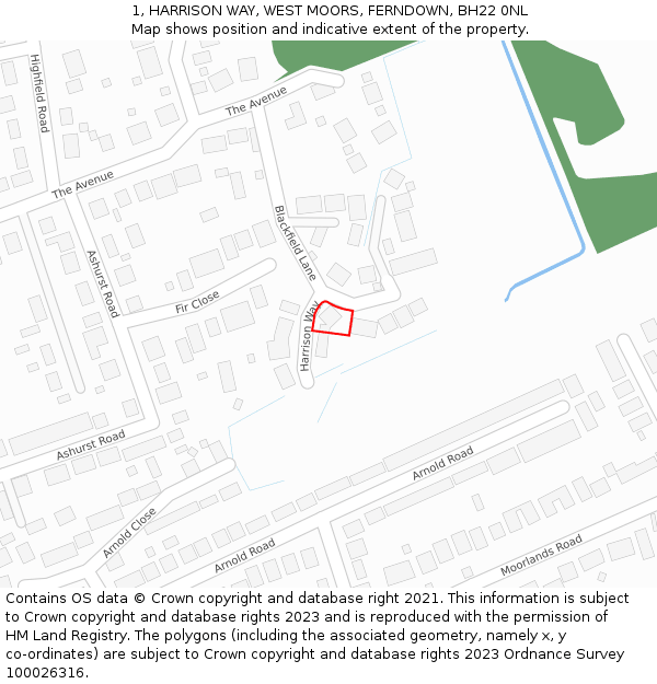 1, HARRISON WAY, WEST MOORS, FERNDOWN, BH22 0NL: Location map and indicative extent of plot