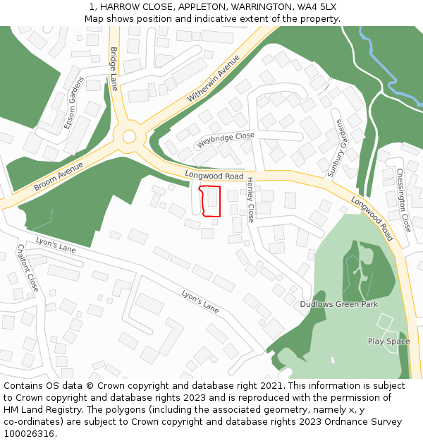 1, HARROW CLOSE, APPLETON, WARRINGTON, WA4 5LX: Location map and indicative extent of plot