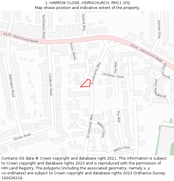 1, HARROW CLOSE, HORNCHURCH, RM11 1FQ: Location map and indicative extent of plot