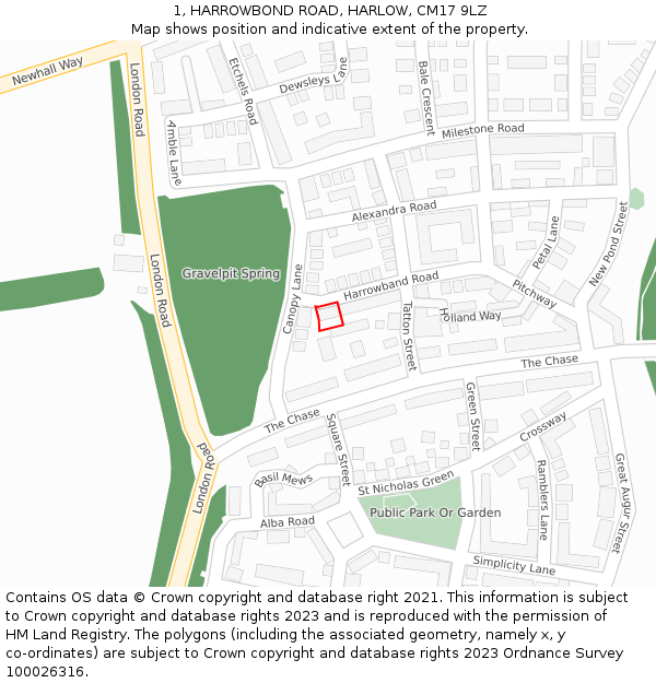 1, HARROWBOND ROAD, HARLOW, CM17 9LZ: Location map and indicative extent of plot