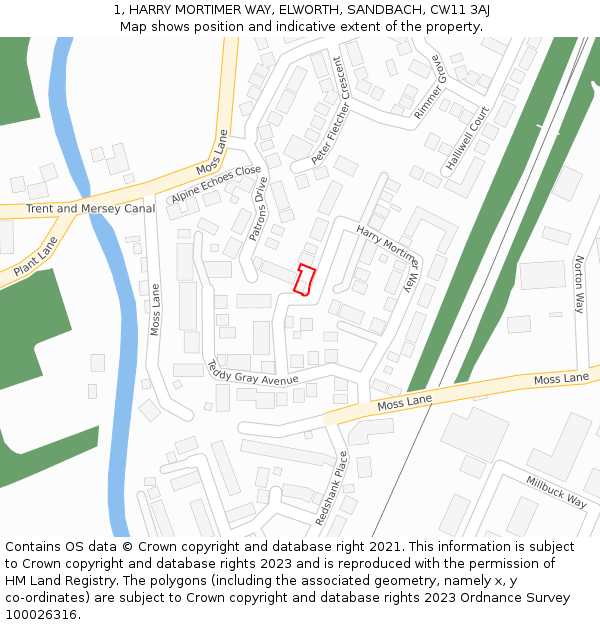 1, HARRY MORTIMER WAY, ELWORTH, SANDBACH, CW11 3AJ: Location map and indicative extent of plot