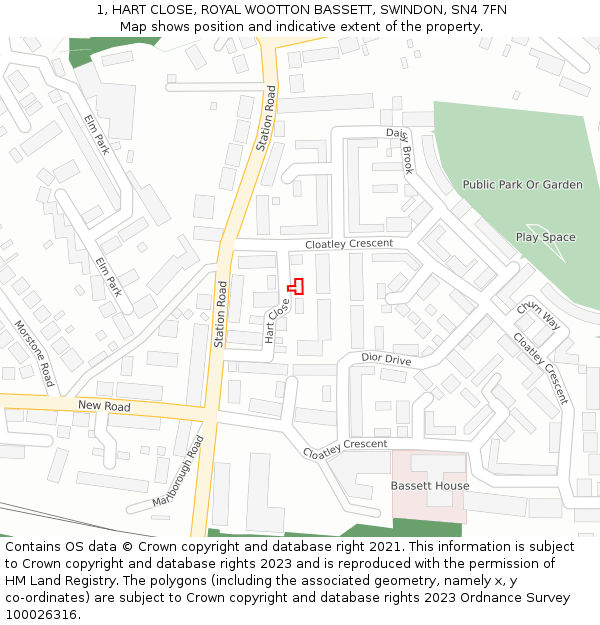 1, HART CLOSE, ROYAL WOOTTON BASSETT, SWINDON, SN4 7FN: Location map and indicative extent of plot