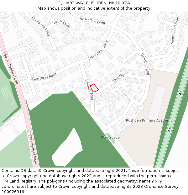 1, HART WAY, RUSHDEN, NN10 0ZA: Location map and indicative extent of plot