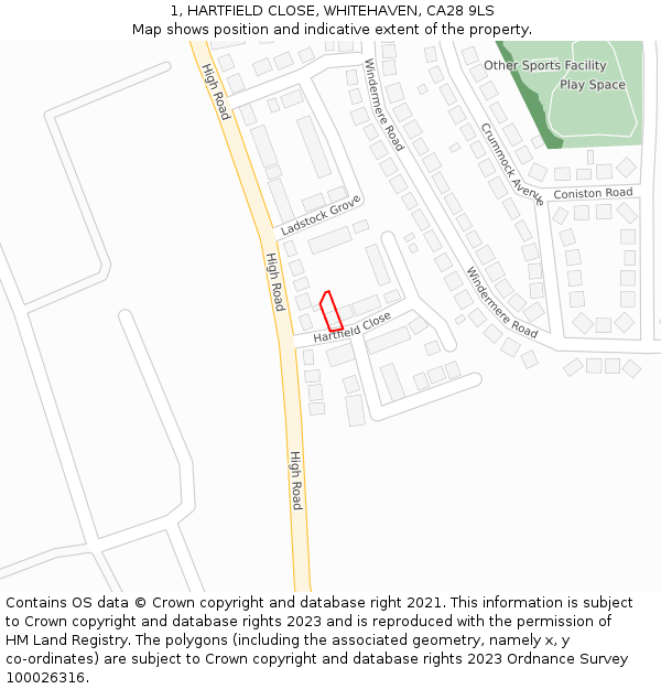 1, HARTFIELD CLOSE, WHITEHAVEN, CA28 9LS: Location map and indicative extent of plot