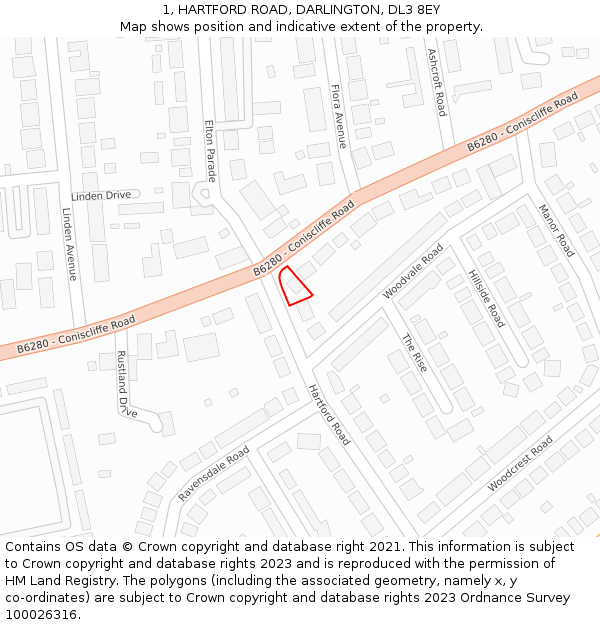 1, HARTFORD ROAD, DARLINGTON, DL3 8EY: Location map and indicative extent of plot