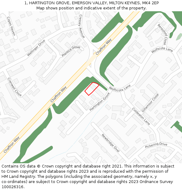 1, HARTINGTON GROVE, EMERSON VALLEY, MILTON KEYNES, MK4 2EP: Location map and indicative extent of plot