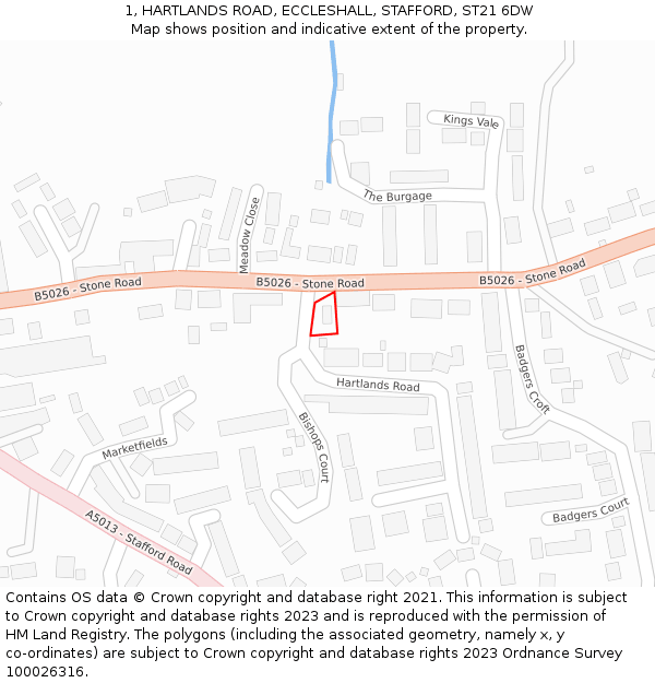 1, HARTLANDS ROAD, ECCLESHALL, STAFFORD, ST21 6DW: Location map and indicative extent of plot