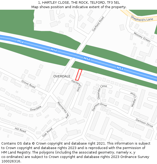 1, HARTLEY CLOSE, THE ROCK, TELFORD, TF3 5EL: Location map and indicative extent of plot