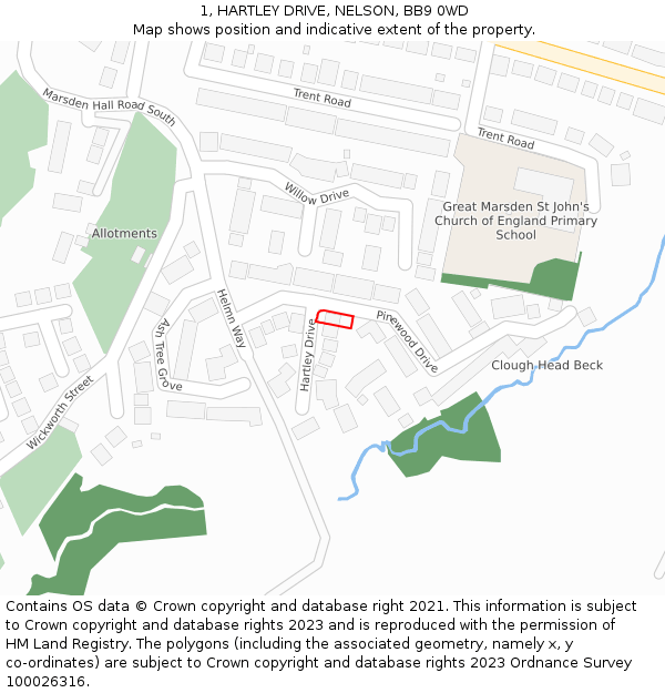 1, HARTLEY DRIVE, NELSON, BB9 0WD: Location map and indicative extent of plot